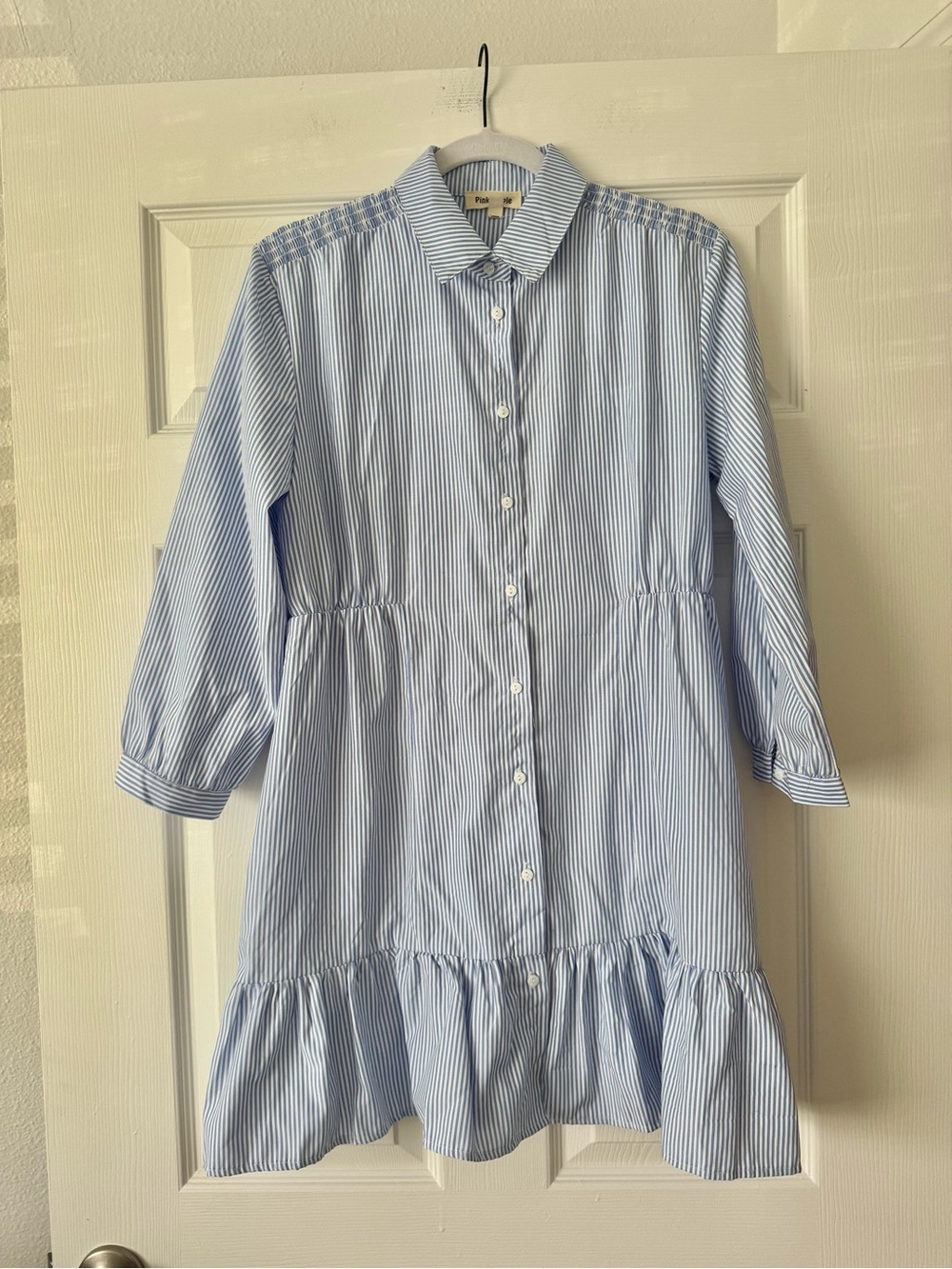 Button-Front Blue Stripe Mini Dress - Picture 2 of 5